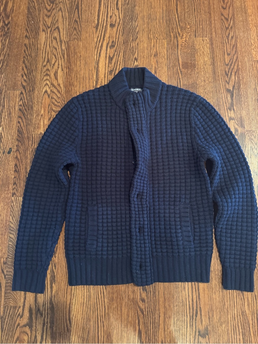 Men's Navy Chunky 100% Lambswool Bonobos Knit Zip Cardigan Sweater